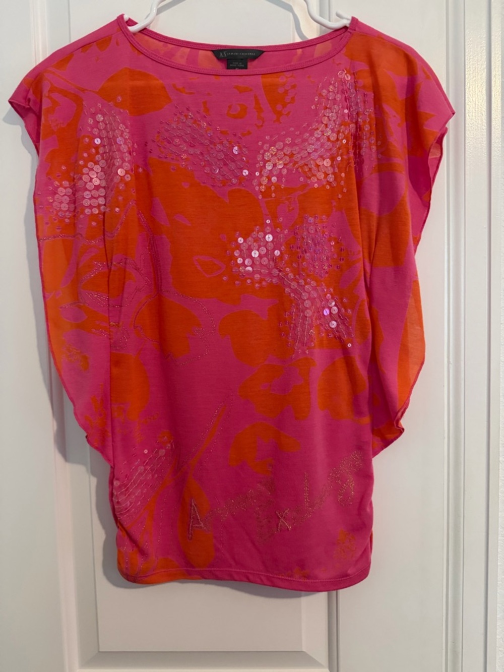 Armani Exchange Pink and Orange Sequin Floral Flutter Sleeve Top